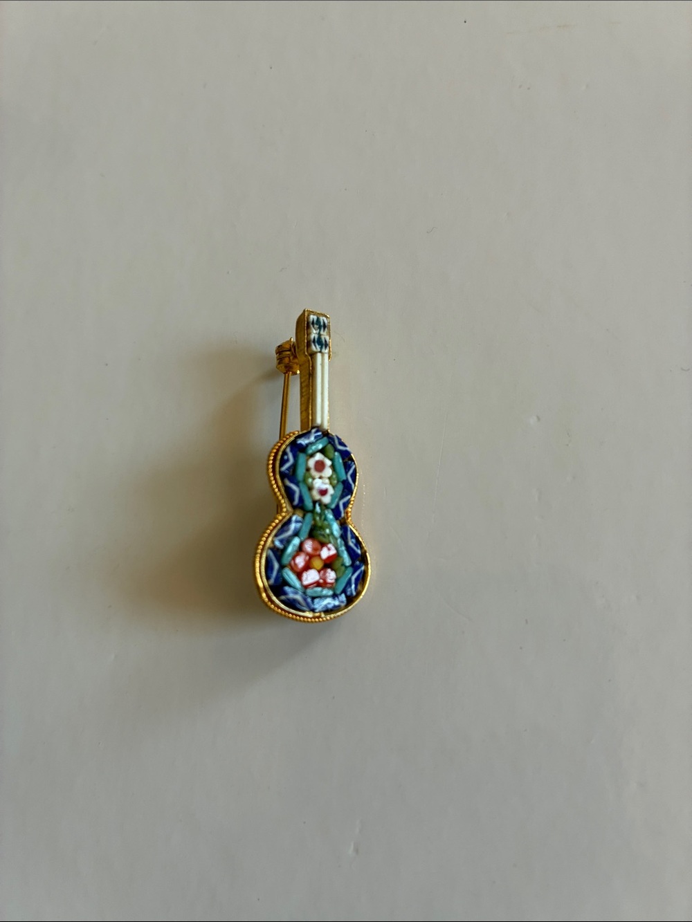 Vintage 1950’s Gold -Tone Micro Mosaic Floral Guitar Brooch Marked Italy